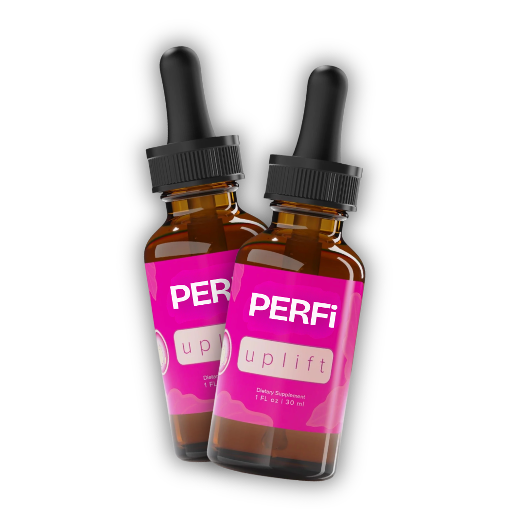 Two brown glass bottles with pink labels and black droppers on a white background